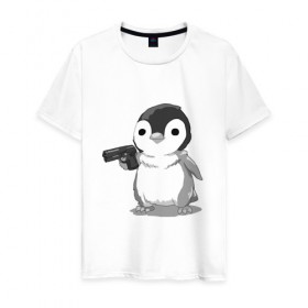 Мужская футболка хлопок с принтом пингвин в Петрозаводске, 100% хлопок | прямой крой, круглый вырез горловины, длина до линии бедер, слегка спущенное плечо. | gun | penguin | shotgun | tmblr | tumbler | пингвин | пистолет