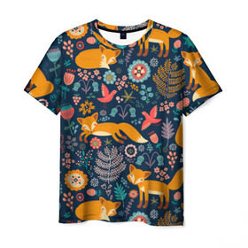 Мужская футболка 3D с принтом Лисички паттерн в Петрозаводске, 100% полиэфир | прямой крой, круглый вырез горловины, длина до линии бедер | Тематика изображения на принте: fox | животные | лиса | лисичка | лисы | осень | рыжая | фыр фыр | цветы