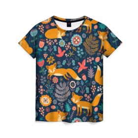 Женская футболка 3D с принтом Лисички паттерн в Петрозаводске, 100% полиэфир ( синтетическое хлопкоподобное полотно) | прямой крой, круглый вырез горловины, длина до линии бедер | fox | животные | лиса | лисичка | лисы | осень | рыжая | фыр фыр | цветы