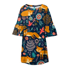Детское платье 3D с принтом Лисички паттерн в Петрозаводске, 100% полиэстер | прямой силуэт, чуть расширенный к низу. Круглая горловина, на рукавах — воланы | fox | животные | лиса | лисичка | лисы | осень | рыжая | фыр фыр | цветы