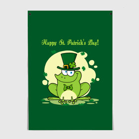 Постер с принтом Ирландия в Петрозаводске, 100% бумага
 | бумага, плотность 150 мг. Матовая, но за счет высокого коэффициента гладкости имеет небольшой блеск и дает на свету блики, но в отличии от глянцевой бумаги не покрыта лаком | clover | frog | green | happy st. patricks day | ireland | irish | moon | день святого патрика | зелёная | ирландец | ирландия | клевер | луна | лягушка | счастливый | шляпа
