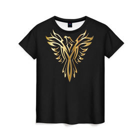 Женская футболка 3D с принтом Gold Phoenix в Петрозаводске, 100% полиэфир ( синтетическое хлопкоподобное полотно) | прямой крой, круглый вырез горловины, длина до линии бедер | злато | золото | клюв | крылья | металл | орёл | птица | феникс