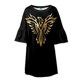 Детское платье 3D с принтом Gold Phoenix в Петрозаводске, 100% полиэстер | прямой силуэт, чуть расширенный к низу. Круглая горловина, на рукавах — воланы | Тематика изображения на принте: злато | золото | клюв | крылья | металл | орёл | птица | феникс