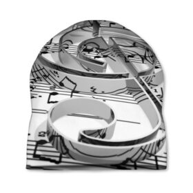 Шапка 3D с принтом Скрипичный ключ в Петрозаводске, 100% полиэстер | универсальный размер, печать по всей поверхности изделия | metal | mirrored | music | notes | sign | treble clef | зеркальный | знак | металл | музыка | ноты | скрипичный ключ