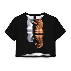 Женская футболка 3D укороченная с принтом Ход конём в Петрозаводске, 100% полиэстер | круглая горловина, длина футболки до линии талии, рукава с отворотами | 64 | chess | игра | конь | спорт | фигура | шахматы