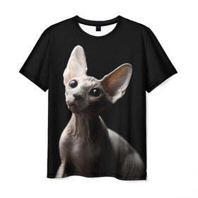 Мужская футболка 3D с принтом Сфинкс в Петрозаводске, 100% полиэфир | прямой крой, круглый вырез горловины, длина до линии бедер | black | cat | взгляд | кот | котик | котэ | кошка | сфинкс | уши | черный