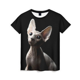 Женская футболка 3D с принтом Сфинкс в Петрозаводске, 100% полиэфир ( синтетическое хлопкоподобное полотно) | прямой крой, круглый вырез горловины, длина до линии бедер | black | cat | взгляд | кот | котик | котэ | кошка | сфинкс | уши | черный