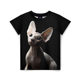 Детская футболка 3D с принтом Сфинкс в Петрозаводске, 100% гипоаллергенный полиэфир | прямой крой, круглый вырез горловины, длина до линии бедер, чуть спущенное плечо, ткань немного тянется | black | cat | взгляд | кот | котик | котэ | кошка | сфинкс | уши | черный