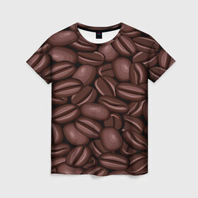 Женская футболка 3D с принтом Зёрна кофе в Петрозаводске, 100% полиэфир ( синтетическое хлопкоподобное полотно) | прямой крой, круглый вырез горловины, длина до линии бедер | Тематика изображения на принте: beans | coffee | бобы | паттерн