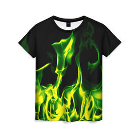 Женская футболка 3D с принтом Зелёный огонь в Петрозаводске, 100% полиэфир ( синтетическое хлопкоподобное полотно) | прямой крой, круглый вырез горловины, длина до линии бедер | пламя | черный | яркий