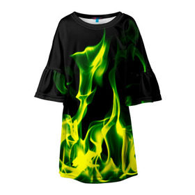 Детское платье 3D с принтом Зелёный огонь в Петрозаводске, 100% полиэстер | прямой силуэт, чуть расширенный к низу. Круглая горловина, на рукавах — воланы | Тематика изображения на принте: пламя | черный | яркий