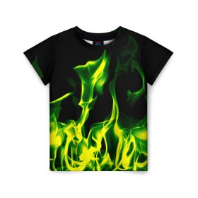 Детская футболка 3D с принтом Зелёный огонь в Петрозаводске, 100% гипоаллергенный полиэфир | прямой крой, круглый вырез горловины, длина до линии бедер, чуть спущенное плечо, ткань немного тянется | пламя | черный | яркий