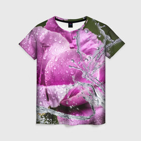 Женская футболка 3D с принтом Душа цветов в Петрозаводске, 100% полиэфир ( синтетическое хлопкоподобное полотно) | прямой крой, круглый вырез горловины, длина до линии бедер | бабочка | букет | вода | девушки | душа | красота | прелесть | роза | розы | цветы