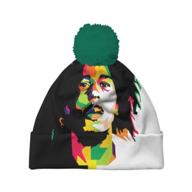 Шапка 3D c помпоном с принтом Bob Marley в Петрозаводске, 100% полиэстер | универсальный размер, печать по всей поверхности изделия | боб марли | поп арт