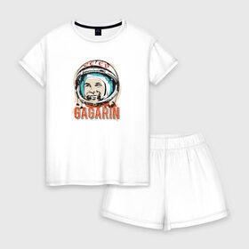 Женская пижама с шортиками хлопок с принтом Юрий Гагарин. Первый в космосе в Петрозаводске, 100% хлопок | футболка прямого кроя, шорты свободные с широкой мягкой резинкой | восток | звезды | космов | первый | ракета | ссср | юрий гагарин