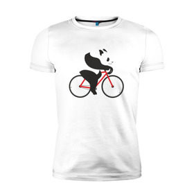 Мужская футболка премиум с принтом Панда на велосипеде в Петрозаводске, 92% хлопок, 8% лайкра | приталенный силуэт, круглый вырез ворота, длина до линии бедра, короткий рукав | велик | велосипед | медведь | мишка | панда