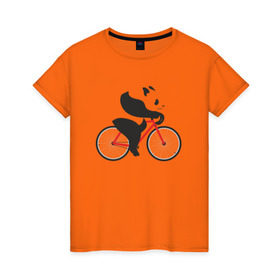 Женская футболка хлопок с принтом Панда на велосипеде в Петрозаводске, 100% хлопок | прямой крой, круглый вырез горловины, длина до линии бедер, слегка спущенное плечо | велик | велосипед | медведь | мишка | панда