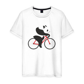 Мужская футболка хлопок с принтом Панда на велосипеде в Петрозаводске, 100% хлопок | прямой крой, круглый вырез горловины, длина до линии бедер, слегка спущенное плечо. | велик | велосипед | медведь | мишка | панда