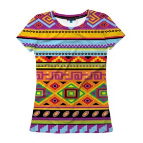 Женская футболка 3D с принтом Этнический орнамент в Петрозаводске, 100% полиэфир ( синтетическое хлопкоподобное полотно) | прямой крой, круглый вырез горловины, длина до линии бедер | пестрый | разноцветный | яркий