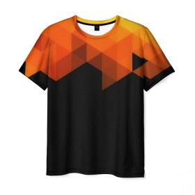 Мужская футболка 3D с принтом Trianse в Петрозаводске, 100% полиэфир | прямой крой, круглый вырез горловины, длина до линии бедер | Тематика изображения на принте: оранжевый | полигон | треугольники | черный
