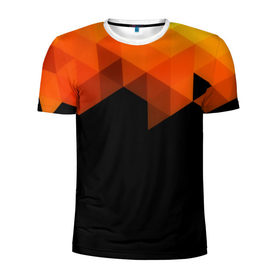 Мужская футболка 3D спортивная с принтом Trianse в Петрозаводске, 100% полиэстер с улучшенными характеристиками | приталенный силуэт, круглая горловина, широкие плечи, сужается к линии бедра | оранжевый | полигон | треугольники | черный