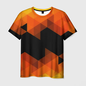 Мужская футболка 3D с принтом Trianse Orange в Петрозаводске, 100% полиэфир | прямой крой, круглый вырез горловины, длина до линии бедер | оранжевый | полигоны | треугольники | черный