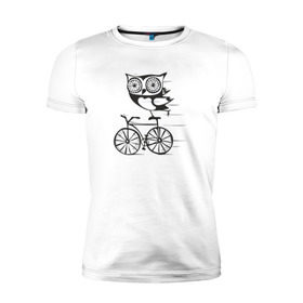 Мужская футболка премиум с принтом Сова на велосипеде в Петрозаводске, 92% хлопок, 8% лайкра | приталенный силуэт, круглый вырез ворота, длина до линии бедра, короткий рукав | bird | owl | няша | птица | сова | совунья | совушка | сыч
