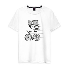 Мужская футболка хлопок с принтом Сова на велосипеде в Петрозаводске, 100% хлопок | прямой крой, круглый вырез горловины, длина до линии бедер, слегка спущенное плечо. | bird | owl | няша | птица | сова | совунья | совушка | сыч