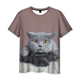 Мужская футболка 3D с принтом Котик фотограф в Петрозаводске, 100% полиэфир | прямой крой, круглый вырез горловины, длина до линии бедер | кот | котик | кошка | объектив | фотоаппарат | фотограф
