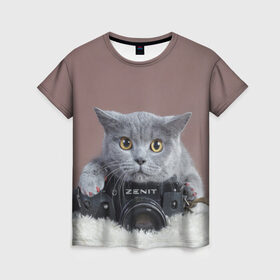 Женская футболка 3D с принтом Котик фотограф в Петрозаводске, 100% полиэфир ( синтетическое хлопкоподобное полотно) | прямой крой, круглый вырез горловины, длина до линии бедер | кот | котик | кошка | объектив | фотоаппарат | фотограф