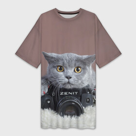 Платье-футболка 3D с принтом Котик фотограф в Петрозаводске,  |  | кот | котик | кошка | объектив | фотоаппарат | фотограф