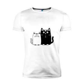 Мужская футболка премиум с принтом Влюбленные коты в Петрозаводске, 92% хлопок, 8% лайкра | приталенный силуэт, круглый вырез ворота, длина до линии бедра, короткий рукав | Тематика изображения на принте: 14 февраля | влюбленным | девушке | кот | коты | котята. | кошка | любовь | мужчине | парню | подарок