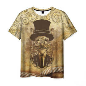 Мужская футболка 3D с принтом Стимпанк человек в Петрозаводске, 100% полиэфир | прямой крой, круглый вырез горловины, длина до линии бедер | Тематика изображения на принте: steampunk | steampunk man | в цилиндре | в шляпе | канат | механизм | стимпанк | усы | человек