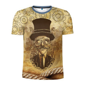 Мужская футболка 3D спортивная с принтом Стимпанк человек в Петрозаводске, 100% полиэстер с улучшенными характеристиками | приталенный силуэт, круглая горловина, широкие плечи, сужается к линии бедра | Тематика изображения на принте: steampunk | steampunk man | в цилиндре | в шляпе | канат | механизм | стимпанк | усы | человек