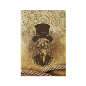 Обложка для паспорта матовая кожа с принтом Стимпанк человек в Петрозаводске, натуральная матовая кожа | размер 19,3 х 13,7 см; прозрачные пластиковые крепления | Тематика изображения на принте: steampunk | steampunk man | в цилиндре | в шляпе | канат | механизм | стимпанк | усы | человек