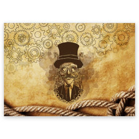 Поздравительная открытка с принтом Стимпанк человек в Петрозаводске, 100% бумага | плотность бумаги 280 г/м2, матовая, на обратной стороне линовка и место для марки
 | Тематика изображения на принте: steampunk | steampunk man | в цилиндре | в шляпе | канат | механизм | стимпанк | усы | человек