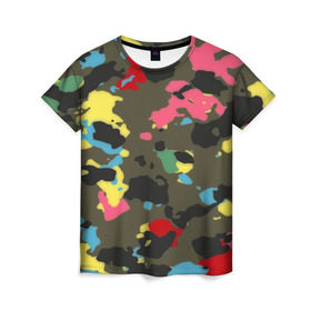 Женская футболка 3D с принтом Цветной камуфляж в Петрозаводске, 100% полиэфир ( синтетическое хлопкоподобное полотно) | прямой крой, круглый вырез горловины, длина до линии бедер | маскировка | пестрый | разноцветный | яркий