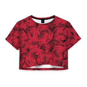 Женская футболка 3D укороченная с принтом Красные розы в Петрозаводске, 100% полиэстер | круглая горловина, длина футболки до линии талии, рукава с отворотами | любовь | мозаика | розы | сердце | узор