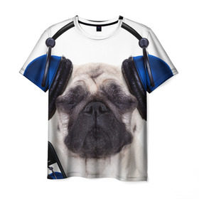 Мужская футболка 3D с принтом Мопс в наушниках в Петрозаводске, 100% полиэфир | прямой крой, круглый вырез горловины, длина до линии бедер | дворняжка | домашние животные | любимец | мопс | пес | песик | питомец | собака | собачка