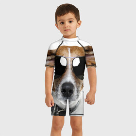 Детский купальный костюм 3D с принтом Джек Рассел в очках в Петрозаводске, Полиэстер 85%, Спандекс 15% | застежка на молнии на спине | волкодав | дворняжка | джек | джек рассел | домашние животные | любимец | мопс | овчарка | пес | песик | питомец | рассел | сенбернар | собака | собачка