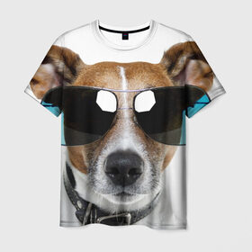 Мужская футболка 3D с принтом Джек Рассел в очках в Петрозаводске, 100% полиэфир | прямой крой, круглый вырез горловины, длина до линии бедер | волкодав | дворняжка | джек | джек рассел | домашние животные | любимец | мопс | овчарка | пес | песик | питомец | рассел | сенбернар | собака | собачка