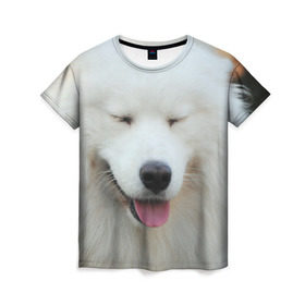 Женская футболка 3D с принтом Самоед в Петрозаводске, 100% полиэфир ( синтетическое хлопкоподобное полотно) | прямой крой, круглый вырез горловины, длина до линии бедер | далматин | лабрадор | любимец | овчарка | пес | питомец | самоед | собака | собачка | щенок