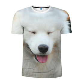 Мужская футболка 3D спортивная с принтом Самоед в Петрозаводске, 100% полиэстер с улучшенными характеристиками | приталенный силуэт, круглая горловина, широкие плечи, сужается к линии бедра | Тематика изображения на принте: далматин | лабрадор | любимец | овчарка | пес | питомец | самоед | собака | собачка | щенок