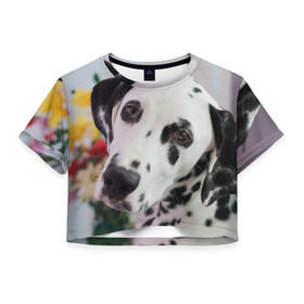 Женская футболка 3D укороченная с принтом Далматин в Петрозаводске, 100% полиэстер | круглая горловина, длина футболки до линии талии, рукава с отворотами | акита | акита ину | далматин | далматинец | дворняга | ину | лабрадор | любимец | овчарка | пес | питомец | самоед | сиба | сиба ину | собака | собачка | щенок