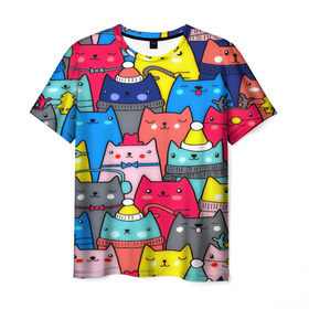 Мужская футболка 3D с принтом Котики в Петрозаводске, 100% полиэфир | прямой крой, круглый вырез горловины, длина до линии бедер | Тематика изображения на принте: кошки | паттерн | разноцветный | яркий