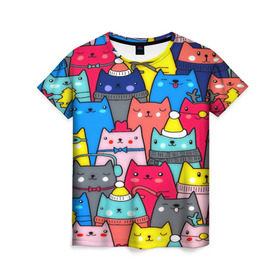 Женская футболка 3D с принтом Котики в Петрозаводске, 100% полиэфир ( синтетическое хлопкоподобное полотно) | прямой крой, круглый вырез горловины, длина до линии бедер | Тематика изображения на принте: кошки | паттерн | разноцветный | яркий