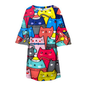 Детское платье 3D с принтом Котики в Петрозаводске, 100% полиэстер | прямой силуэт, чуть расширенный к низу. Круглая горловина, на рукавах — воланы | кошки | паттерн | разноцветный | яркий