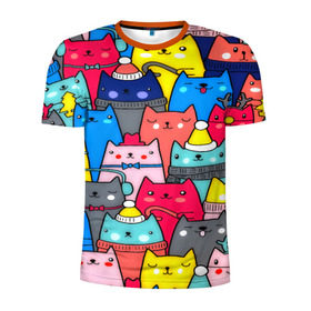 Мужская футболка 3D спортивная с принтом Котики в Петрозаводске, 100% полиэстер с улучшенными характеристиками | приталенный силуэт, круглая горловина, широкие плечи, сужается к линии бедра | Тематика изображения на принте: кошки | паттерн | разноцветный | яркий