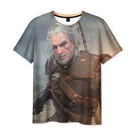 Мужская футболка 3D с принтом Геральт- Игни в Петрозаводске, 100% полиэфир | прямой крой, круглый вырез горловины, длина до линии бедер | ведьмак