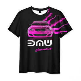 Мужская футболка 3D с принтом BMW glamour в Петрозаводске, 100% полиэфир | прямой крой, круглый вырез горловины, длина до линии бедер | bmw | m5 | pink | авто | автомобиль | бмв | гламур | машина | розовый | стиль | тачка | элита